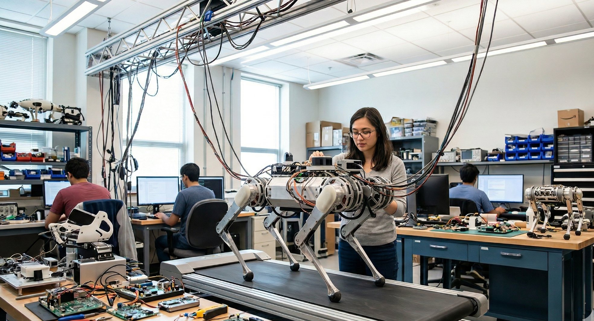 Researcher working with robotic locomotion prototype